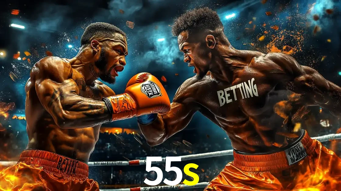 Dois boxeadores em uma luta intensa e explosiva, representando a adrenalina e as oportunidades de apostas em esportes de combate disponíveis na plataforma 55s.