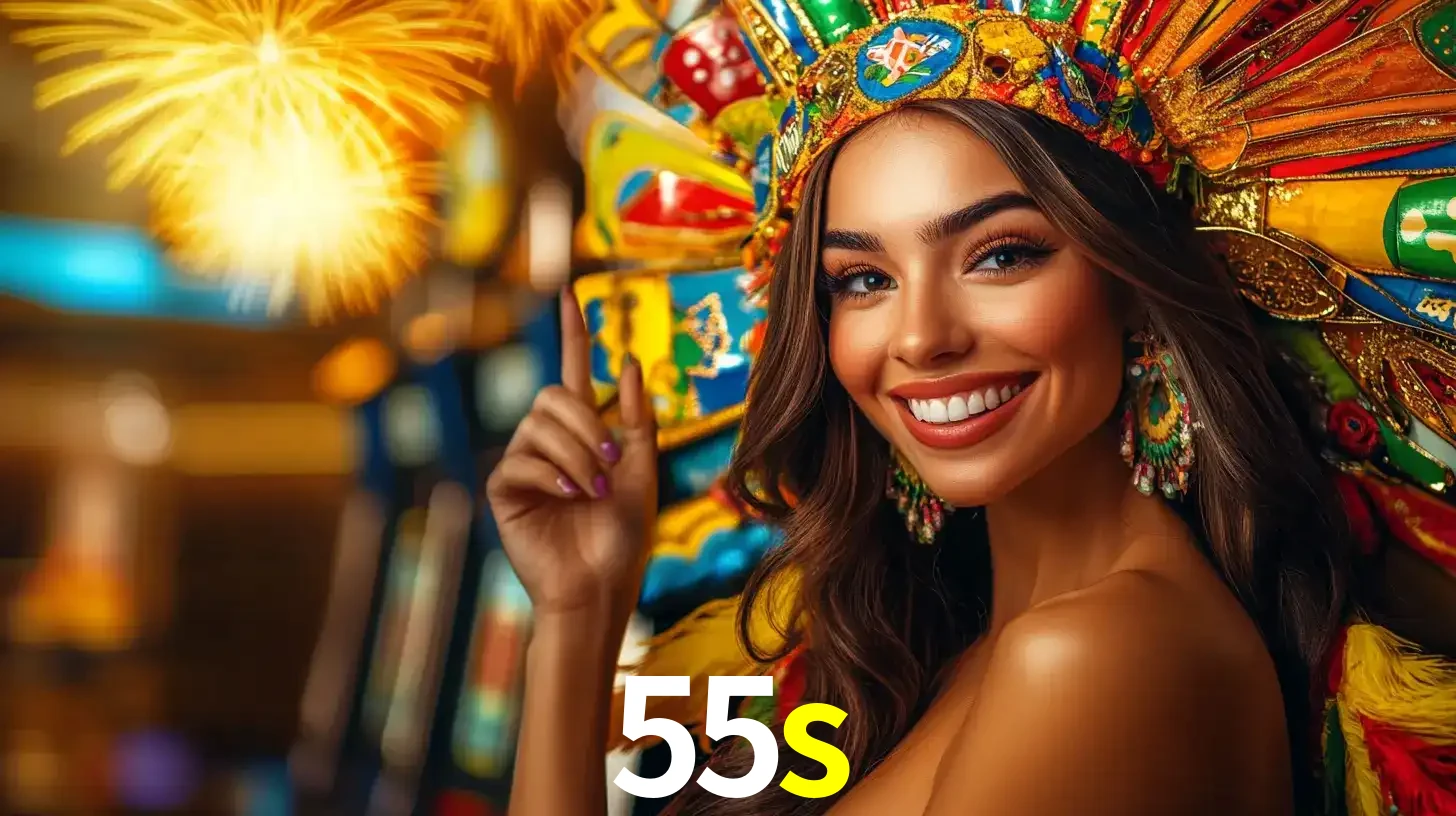 Mulher sorridente com um cocar de carnaval vibrante e colorido, celebrando uma grande vitória nos jogos do cassino 55s com fogos de artifício ao fundo.