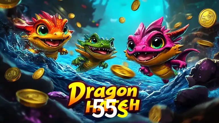 Arte promocional do jogo Dragon Hatch com três adoráveis dragões bebês nadando entre moedas de ouro, um dos slots mais divertidos para jogar no cassino 55s.