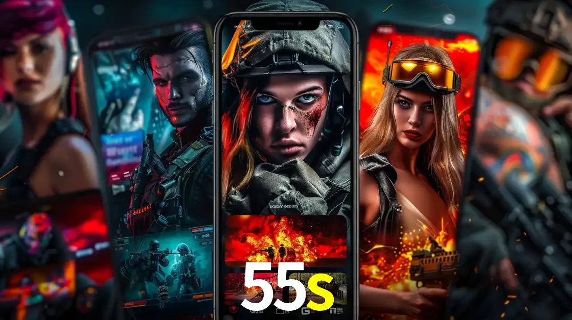 Montagem de telas de celular mostrando diversos personagens, masculinos e femininos, de um jogo de tiro, ilustrando a diversidade de equipes de e-sports para apostar no 55s.
