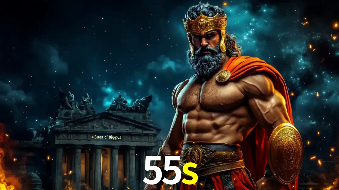 O poderoso Zeus do jogo de slot Gates of Olympus em frente ao seu templo, pronto para lançar multiplicadores divinos e prêmios épicos no cassino online 55s.