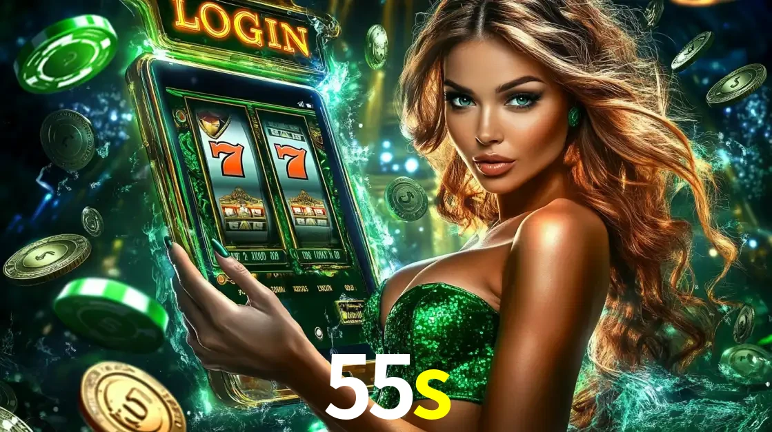 Mulher com tema verde apresentando o aplicativo do cassino 55s com um jogo de slot de 777, cercada por fichas de cassino e uma aura de sorte.