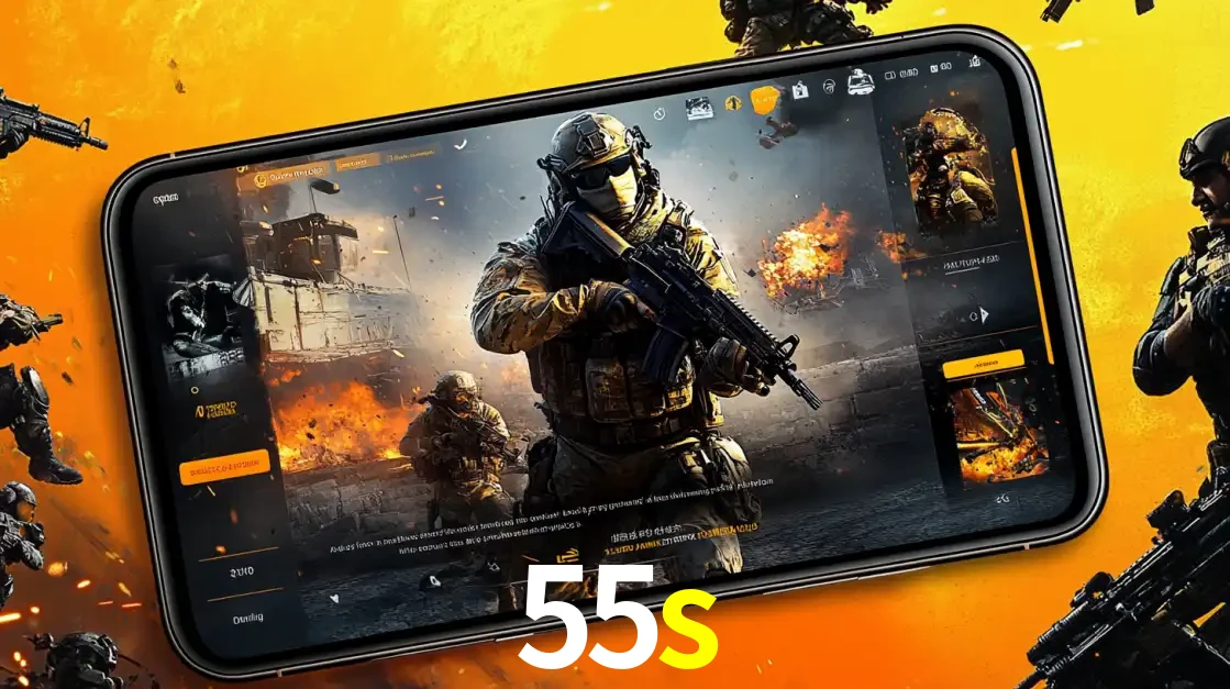 Um smartphone exibindo a interface de um jogo de tiro em primeira pessoa, com um soldado em um cenário de batalha, representando a ação dos e-sports para apostar no 55s.