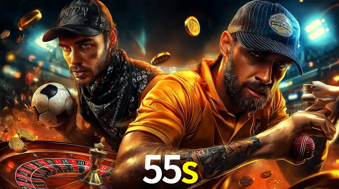 Montagem de apostas esportivas e cassino no 55s, com um homem segurando uma bola de futebol e outro uma de beisebol sobre uma roleta e moedas voadoras.