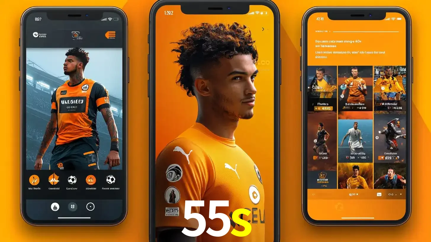 Interface do aplicativo de apostas esportivas 55s em três telas de celular, mostrando o perfil de um jogador de futebol e a lista de jogos disponíveis para apostar.