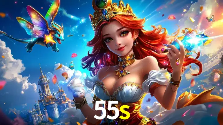 A princesa de um reino de fantasia mágico, com seu pequeno dragão, apresentando um mundo de prêmios encantados nos jogos de caça-níqueis do cassino 55s.