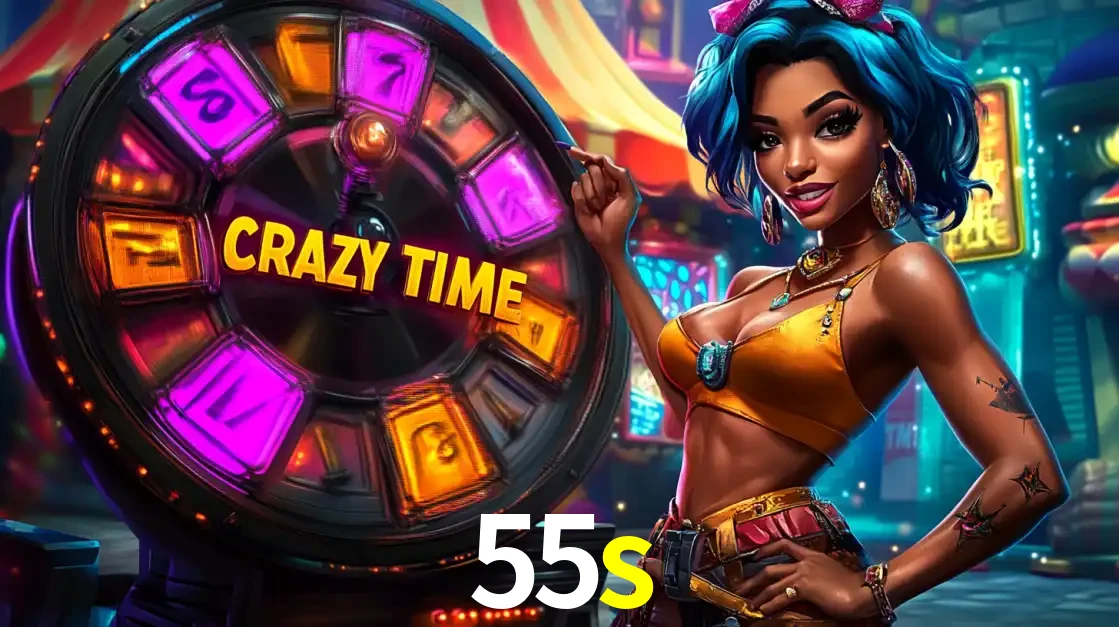 Mulher estilizada com cabelo azul e visual vibrante posando ao lado da roda de prêmios do game show Crazy Time, convidando para a diversão e os bônus do cassino 55s.