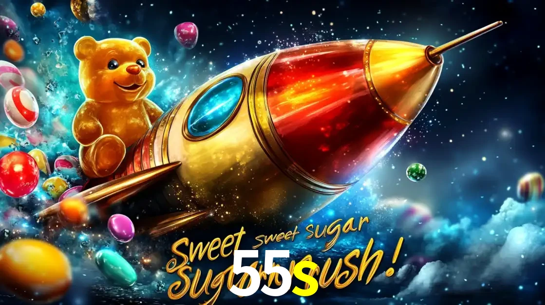 Arte promocional do jogo de slot Sugar Rush, com um urso de pelúcia em um foguete viajando pelo espaço de doces, um dos jogos divertidos disponíveis no cassino 55s.