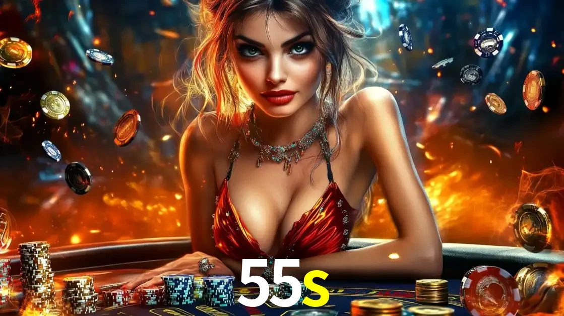 Mulher em uma mesa de cassino com pilhas de fichas e um fundo de fogo, pronta para uma rodada de altas apostas nos jogos de mesa emocionantes do cassino 55s.