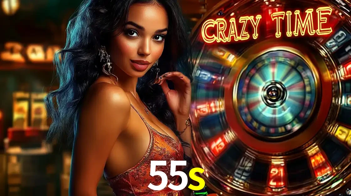 Mulher elegante ao lado da vibrante roda da fortuna do jogo de cassino ao vivo Crazy Time, um dos game shows mais populares e cheios de prêmios do 55s.