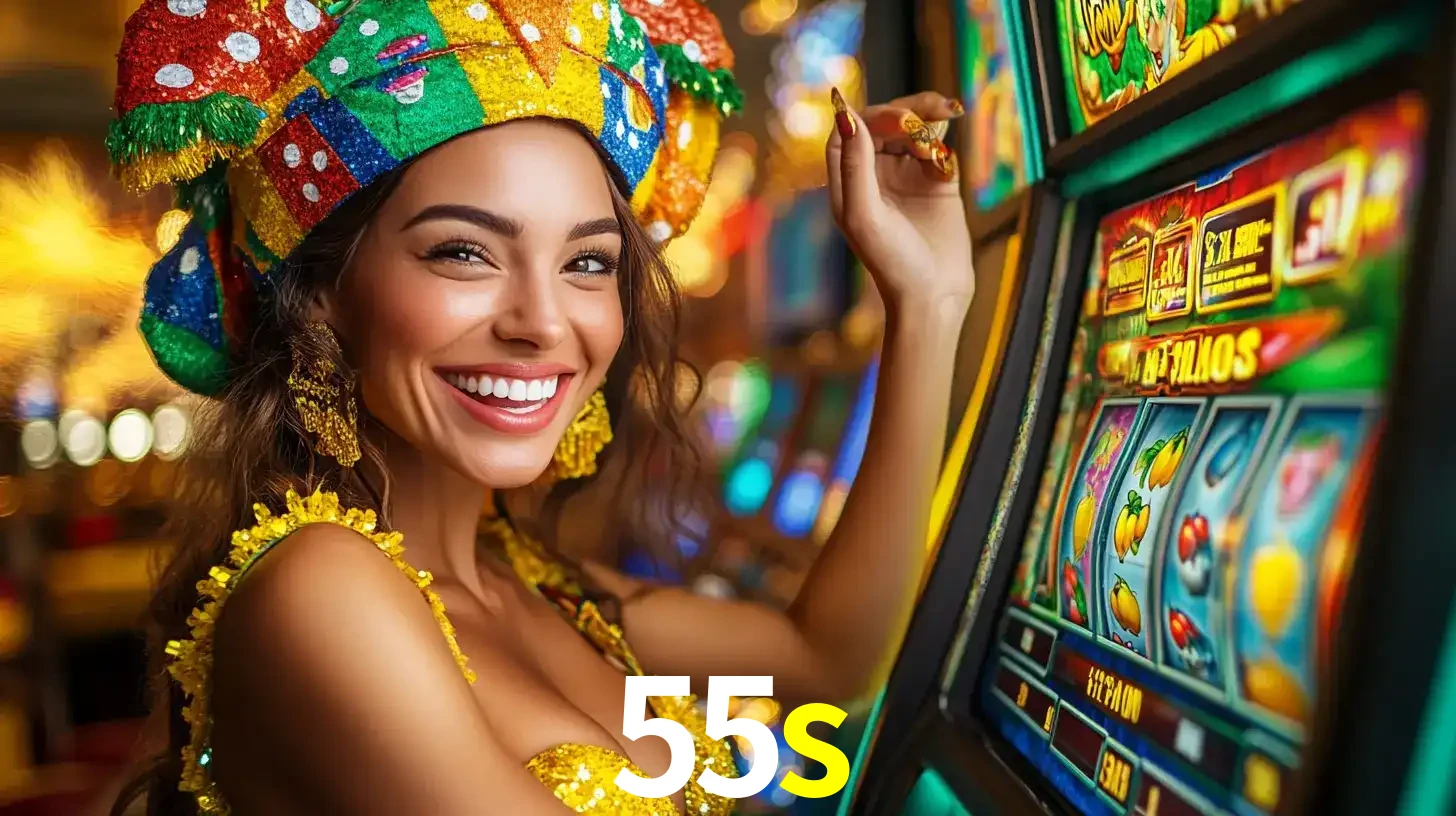 Mulher feliz com traje de carnaval amarelo e colorido ao lado de uma máquina de caça-níqueis, aproveitando a diversão e os jogos temáticos do cassino 55s.
