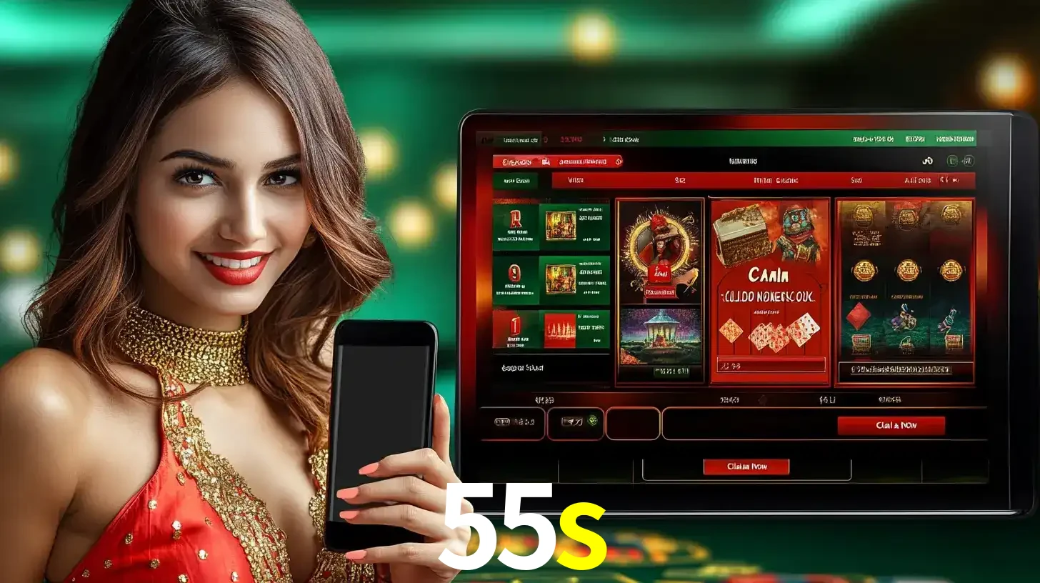 Mulher sorridente segurando um smartphone, ao lado de uma tela exibindo o lobby de jogos do cassino online 55s, com várias opções de jogos de cartas e slots.